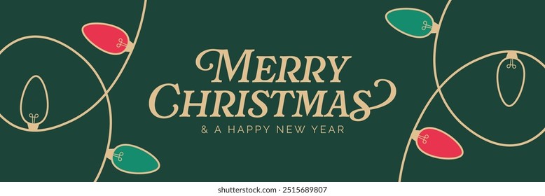 Christmas Banner with Christmas Lights Background Illustration. Merry Christmas Lettering. Trendy Festive Banner with Christmas Light Decoration.