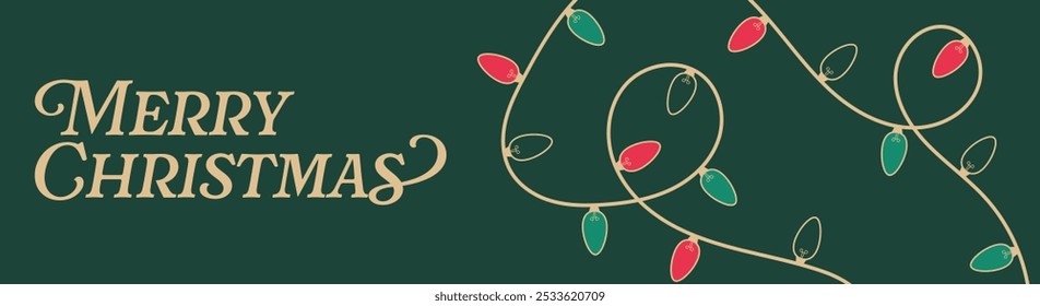 Christmas Banner with Christmas Lights Background Illustration. Festive Design Template. Merry Christmas Lettering. Trendy Festive Banner with Christmas Light Decoration.