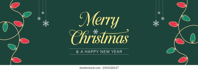 Christmas Banner with Christmas Lights Background Vector Illustration. Merry Christmas and Happy New Year Lettering. Trendy Festive Banner with Christmas Light Decoration for invitations etc