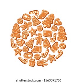 Christmas banner made of gingerbread cookies vector illustration. Traditional Christmas homemade gingerbread man, sock, star and candy in round circle. Cafe poster isolated on white background.
