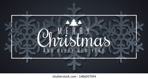 Christmas banner made of snowflakes with sparkles. Glitters on a dark background. White frame with lettering. Festive greeting card. Vector illustration. EPS 10