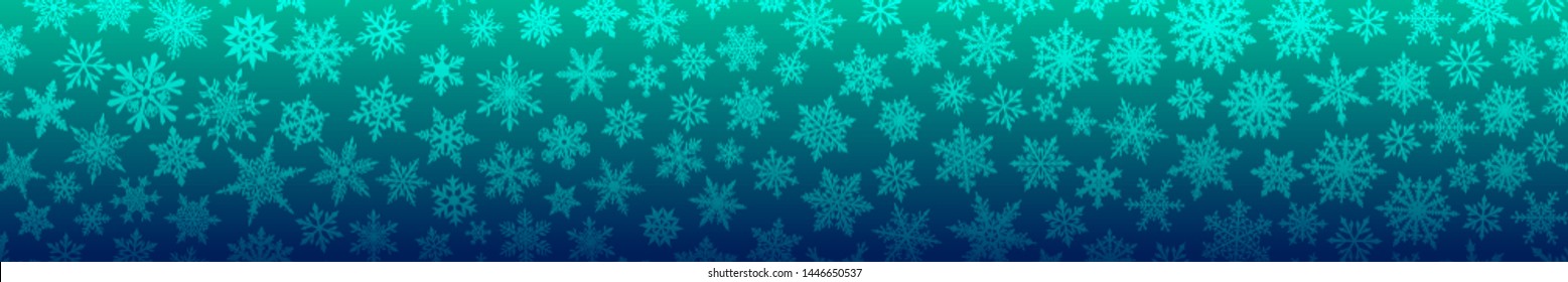 Christmas banner of many complex small snowflakes in light blue colors. With horizontal repetition