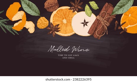 Pancarta navideña con vino a la parrilla e ingredientes para bebidas calientes. Comida de vacaciones de invierno con espacio para texto. Está decorado con frutas y especias. Ilustración vectorial dibujada por mano