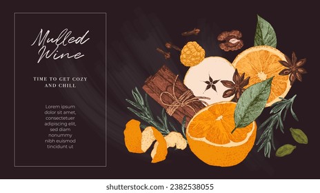 Christmas banner for menu with mulled wine and hot drinks ingredients. Winter holiday food with copy space for text. Set with fruits and spices. Hand drawn vector illustration