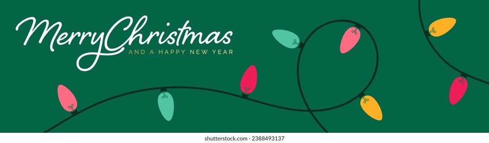 Christmas Banner. Merry Christmas Banner Design Vector with Christmas Lights on Green Background. Festive Illustration. Xmas String Lights. Merry Christmas and Happy New Year Lettering. 