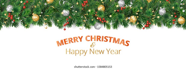 Christmas banner with Merry Christmas text and pine tree garland isolated on white. Red holly berry. Gold and silver ornaments. Vector border decoration for holiday banners, posters, cards, promotions