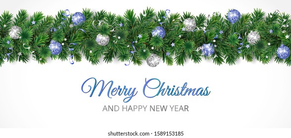 Christmas banner with Merry Christmas text and pine tree garland isolated on white. Blue and silver ornaments. Vector border decoration for holiday headers, posters, cards, promotions