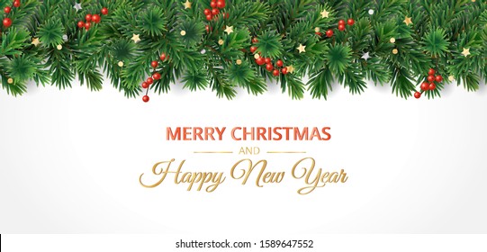 Christmas banner with Merry Christmas text and pine tree garland isolated on white. Red holly berry. Vector holiday decoration, frame. Border for headers, posters, cards.