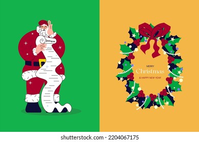 Christmas banner with mistletoe wreath and cute Santa Claus stands at full height and holding in his hands and reading a long letter christmas wishlist. Merry Christmas and Happy New Year greeting