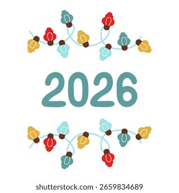 Banner de Natal com uma guirlanda multicolorida e os números 2026. Modelo de plano de fundo de Ano Novo. Ilustração de vetor festivo.
