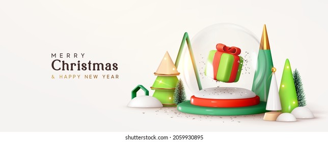 Christmas Banner. New Year Glass snow round ball, with gift box. Festive round podium studio. Realistic 3d cone tree. Creative holiday template. Xmas winter composition. Web poster, header for website