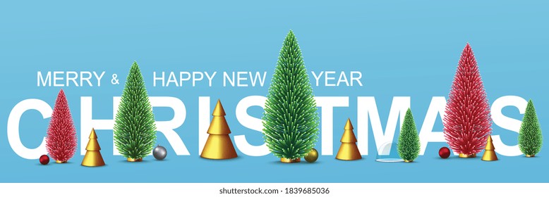 Christmas banner with New Year's decorative green and red pines, golden metal Christmas trees, colorful balls. Traditional composition of winter holidays, banner, poster.