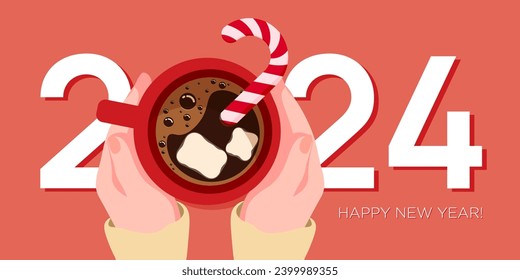 Christmas banner with the number 2024, Happy New Year and a cup of coffee in female hands. Top view of drink with marshmallow and Christmas candy. Warm time in winter. Hot coffee for the holiday.