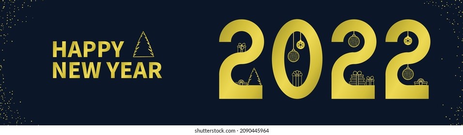 Christmas banner with numbers of the year 2022. Christmas tree, gifts and balls in flat style. Vector illustration