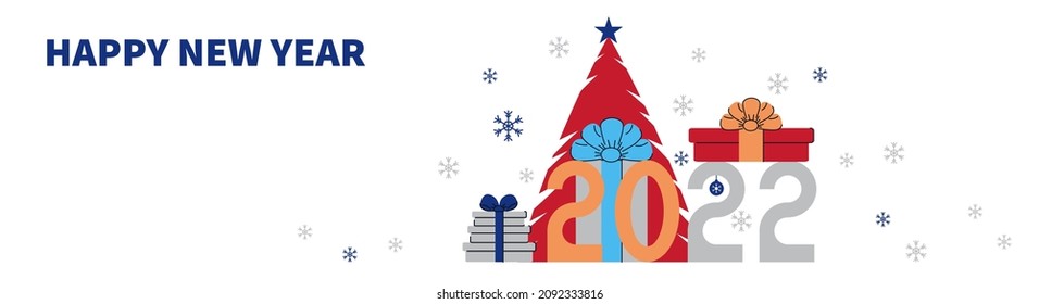Christmas banner with numbers of the year 2022. Christmas tree, gifts and balls in flat style. Vector illustration