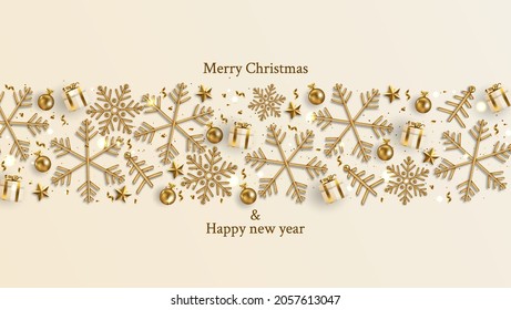 Christmas banner. Christmas object background viewed from above with lights on. White background.