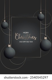 Christmas banner on black background with New Year's balls. Golden circles. Winter vector illustration, New Year poster, greeting card