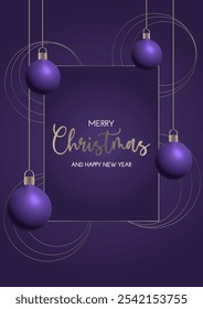 Christmas banner on dark violet  background with New Year's balls. Winter vector illustration, New Year poster, greeting card