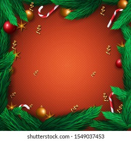 Christmas banner on red background with spruce tree branches, candies, stars. Template for cover, greeting card, poster, banner, invitation, party. Vector illustration