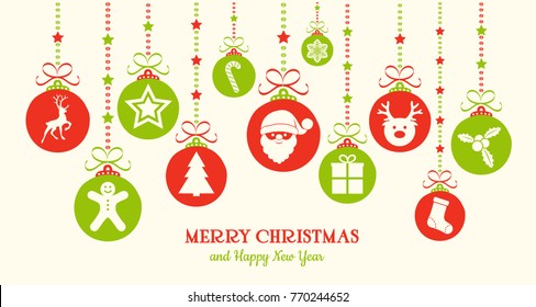 Christmas banner with ornaments and cute icons. Vector.