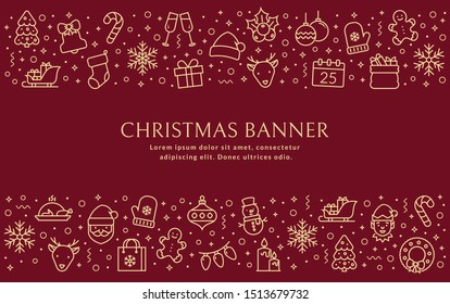 Christmas banner with outline icons. Vector background with holiday line symbols and copy space for your text. Horizontal greeting card for winter holiday season.