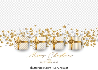 Christmas banner or overlay graphics with transparency. Xmas design concept. Realistic holiday presents with golden ribbon and bow. Vector illustration.