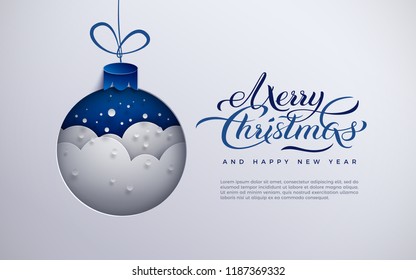 Christmas banner paper Xmas tree toy decoration with snowflakes, snow, text Merry Christmas and blue background for greeting card, poster, paper cut out style, vector illustration