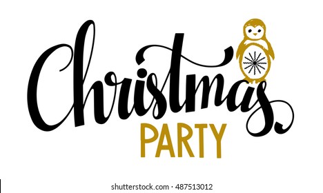 Christmas banner. Christmas Party handwritten black brushed, calligraphy text, lettering. Penguin hand drawn isolated on white background. Vector design