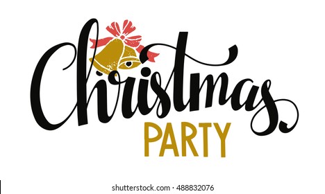 Christmas banner. Christmas Party handwritten black brushed, calligraphy text, lettering. Bells hand drawn isolated on white background. Vector design