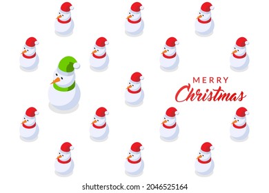 Christmas banner with a pattern of snowmen and  Merry Christmas lettering. Vector illustration on white background.