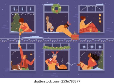 Christmas banner with people in windows celebrating flat vector illustrations. House front with neighbors and their pets in windows communicating. Pouring champagne, giving gift, reading book, cooking