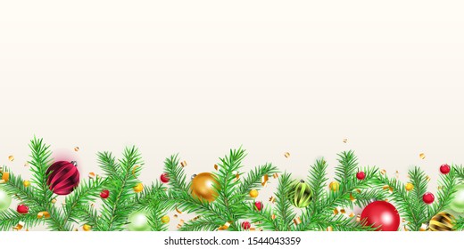 Christmas banner with pine branches, balls, golden snowflakes and pieces of serpentine on white background. Horizontal repetition.