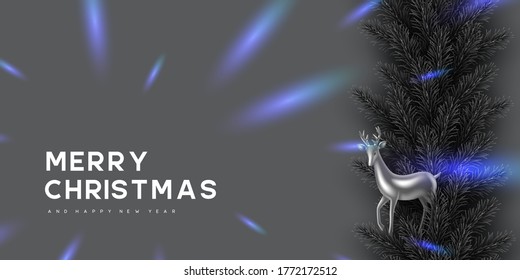 Christmas banner with pine branches frame and decorative deer. Monochrome grey colors with blue glowing lights contrast. New Year vector illustration.