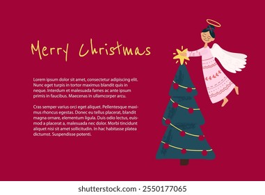Christmas banner with place for text. Angel hanging star on a tree. Christmas card, template. 