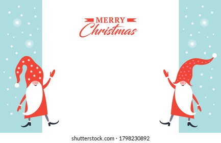 Christmas banner with place for your text. Christmas greeting card. Happy New Year. Merry Christmas. Cute Gnomes in hats. Seasons Greetings.