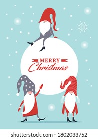 Christmas banner with place for your text. Christmas greeting card. Happy New Year. Merry Christmas. Cute Gnome in red hat . Seasons Greetings.