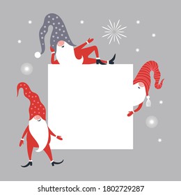 Christmas banner with place for your text. Christmas greeting card. Happy New Year. Merry Christmas. Cute Gnome in red hat . Seasons Greetings.