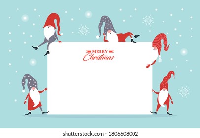 Christmas banner with place for your text. Christmas greeting card. Happy New Year. Merry Christmas. Cute Gnomes in hats. Seasons Greetings.