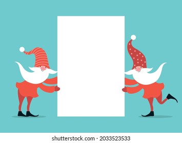 Christmas banner with place for your text. Christmas greeting card. Happy New Year. Merry Christmas. Cute Gnomes in hats. Seasons Greetings.