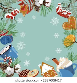 Christmas banner with place for your text. New Year's sweets, spruce, rowan, bells on a blue background. Vector illustration.