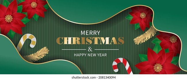 Christmas banner with poinsettia and candy cane. Vector illustration for banner, flyer, greeting card, poster and advertisement.