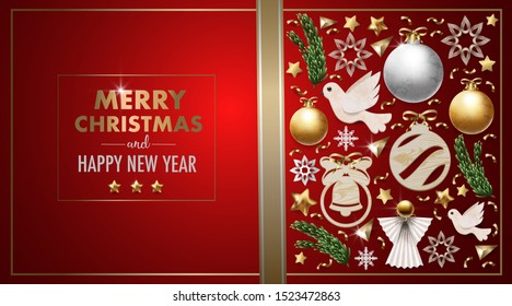 Christmas banner or postcard with balls, pine, angel and snowflakes. Vector.