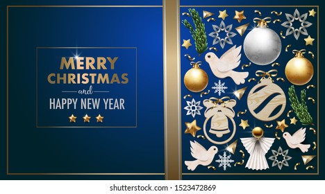 Christmas banner or postcard with balls, pine, angel and snowflakes. Vector.