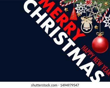 Christmas banner or postcard with fir, star and candies. Vector.