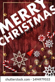 Christmas banner or postcard with fir, star and candies. Vector.
