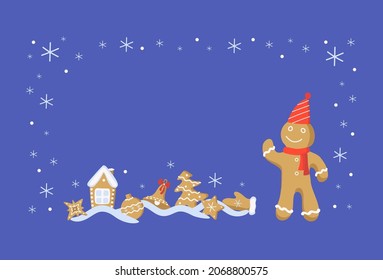 Christmas banner, postcard, invitation. Traditional gingerbread cookie. Christmas gingerbread man, house, tree, stars and Christmas  dessert.  Place for your text. New Year winter  illustration.