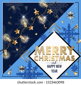 Christmas banner or postcard with light bulbs. Vector.