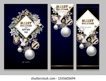 Christmas banner or postcard with pines, angels and wood decor. Vector.