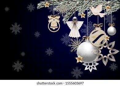 Christmas banner or postcard with pines, angels and wood decor. Vector.