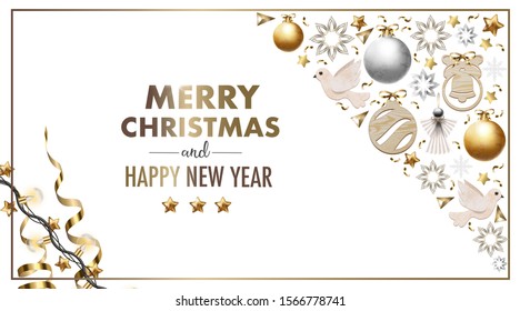 Christmas banner or postcard with pines, angels and wood decor. Vector.